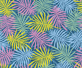 Seamless vector pattern. Colorful tropical overlapping palm leaves background, botanical texture