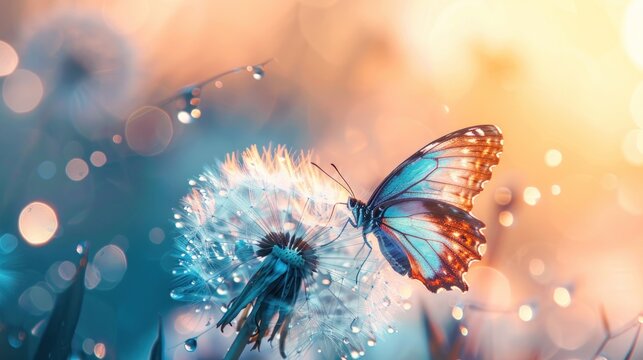 Fototapeta Portrait morpho butterfly and dandelion flower with dew drops on sunrise background. generative AI
