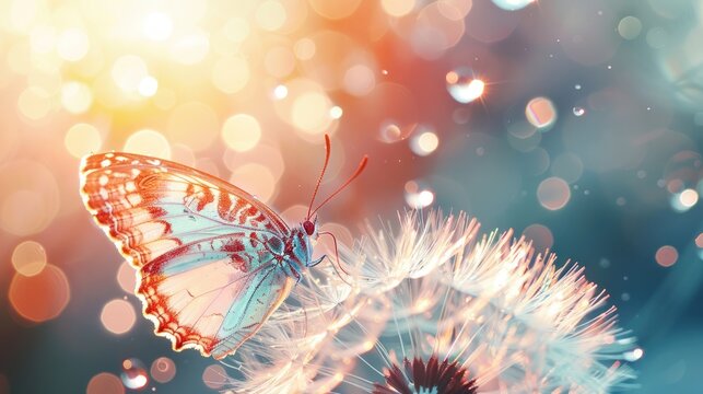 Fototapeta Portrait morpho butterfly and dandelion flower with dew drops on sunrise background. generative AI