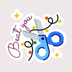 Cutting thread with beat you typography, flat sticker 