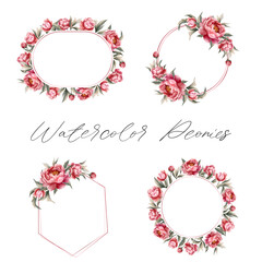 Set of watercolor peonies frames. Vector floral wreath with peony. For wedding invitations, posters and cards.