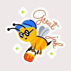 Trendy flat sticker of honeybee with great job typography 