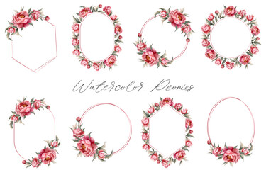 Set of watercolor peonies frames. Vector floral wreath with peony. For wedding invitations, posters and cards.