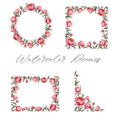 Set of watercolor peonies frames. For wedding invitations, posters and cards. Vector floral wreath with peony.