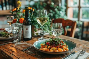 A vibrant gourmet salad paired with white wine, presented on a rustic wooden table with a lush green background..