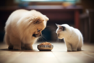 Two adorable, fluffy pets, a puppy and a kitten, share a bowl of kibble. Friendship between 2 furry companions as they enjoy their meal together. AI-generated