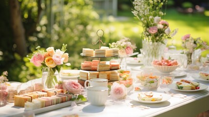 A garden tea party table with dainty sandwiches and desserts