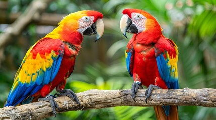Scarlet macaws perched on branch with copy space against blurred background, exotic tropical birds