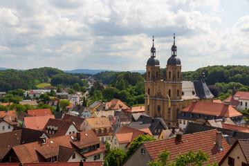 Panorama view with pilgrimage site Basilica minor in Gößweinstein and townscape in Franconian...