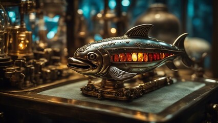 _a steampunk                 A colorful scene of a steampunk dolphin fish, with jewels, crystals,  