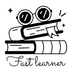 Trendy glyph sticker of books with fast learner typography 