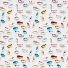 Colorful glass fish scattered on white creating fun background. Many shiny little fish shaped decorative elements, flat lay. AI-generated