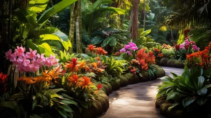 Foto auf Acrylglas A lush tropical garden with exotic flowers © Cloudyew