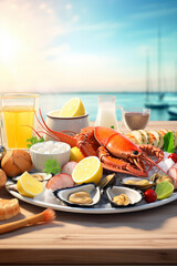 Seafood Assortment with Lemon and Herbs on Plate by Seaside with Drinks in Warm Light