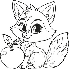 Coloring page outline of the cartoon smiling cute beautiful fox with an apple. Colorful vector illustration, summer coloring book for kids.