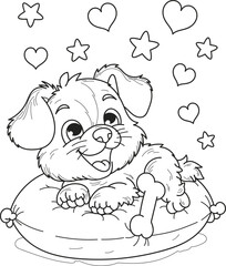 Coloring page outline of cartoon smiling cute little dog on pillow at night. Colorful vector illustration, summers coloring book for kids.