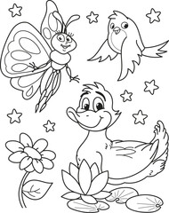 Coloring page outline of the cartoon smiling cute butterfly, duck, bird and big flower. Colorful vector illustration, summer coloring book for kids.