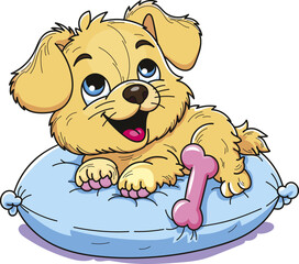 Coloring page outline of cartoon smiling cute little dog on pillow at night. Colorful vector illustration, summers coloring book for kids.