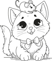 Coloring page outline of the cartoon smiling cute cat with a little mouse on his head. Colorful vector illustration, summer coloring book for kids.