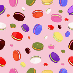 Colorful bright macaroons vector illustration isolated on pink background. Seamless pattern with French desserts for bakery, pasty shop. 