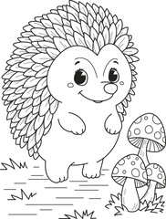 Coloring page outline of cartoon smiling cute hedgehog with mushrooms. Colorful vector illustration, summer coloring book for kids.