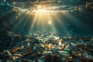 Bottles, cans, and other metallic refuse juxtaposed against the delicate marine ecosystem, wasting litters the ocean floor. Ecological problem  - obrazy, fototapety, plakaty