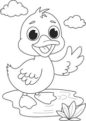 Coloring page outline of cartoon smiling cute duck. Colorful vector illustration, summer coloring book for kids.