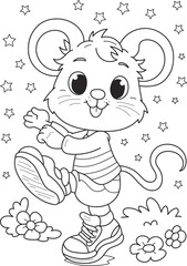 Coloring page outline of cartoon smiling cute mouse with stars. Colorful vector illustration, summer coloring book for kids.