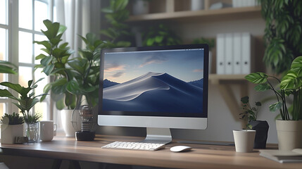 Peaceful Home Workspace with Computer and Lush Houseplants