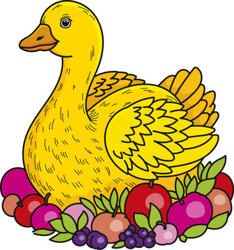 Coloring page outline of the cartoon roast goose with apples on the table. Colorful vector illustration, food coloring book for kids.