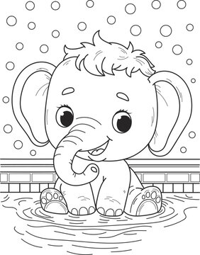 Coloring page outline of the cartoon smiling cute baby elephant swims in the pool. Colorful vector illustration, summer coloring book for kids.