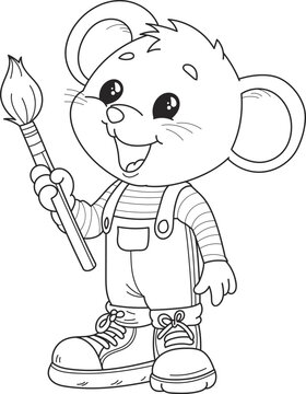 Coloring page outline of cartoon smiling cute mouse artist with a brush in hand. Colorful vector illustration, summer coloring book for kids.