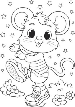 Coloring page outline of cartoon smiling cute mouse with stars. Colorful vector illustration, summer coloring book for kids.