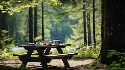 Naklejka premium A picnic table in a lush forest with natural surroundings