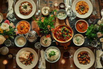 A lavish spread of traditional Indian dishes on a wooden table, featuring curries, rice, and bread, perfect for a communal meal..