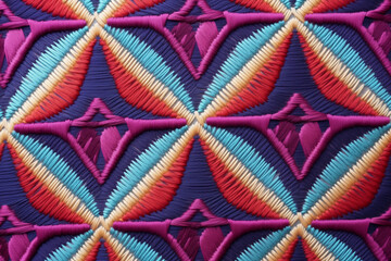 A close-up decorative ethnic embroidery as a background. Abstract textile shapes of purple and violet creating a geometric pattern. AI-generated