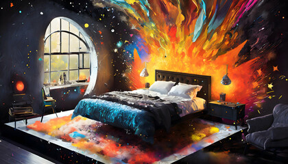 Abstract exploding photon Isometric view of a master bedroom acrylic paint maximalism on digital art concept.