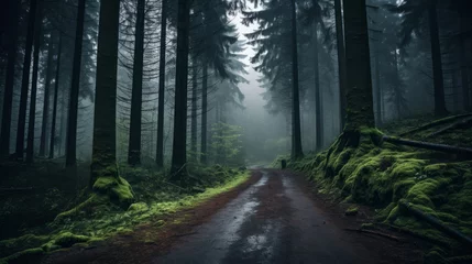 Zelfklevend Fotobehang A road through a misty, mystical forest © Cloudyew