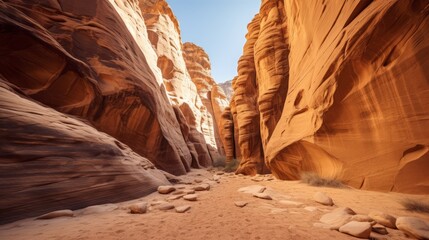 A rugged, canyon landscape with narrow slot canyons