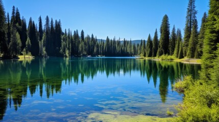 Fototapeta na wymiar A serene, reflective lake surrounded by evergreen trees