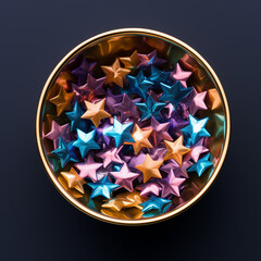 A colorful pile of little stars, in shades of purple and blue, in a bowl. The shiny plastic stars create a festive and celebratory background. AI-generated