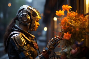 Futuristic robot girl smelling fresh flowers after rain in science fiction concept - obrazy, fototapety, plakaty