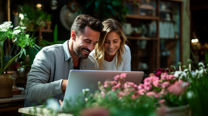 Elegant, attractive couple exchanging glances over a laptop in a cozy bright.