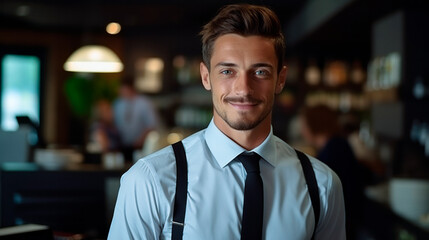 Fototapeta premium Portrait of a shopkeeper. A smiling young adult stands in a grocery store