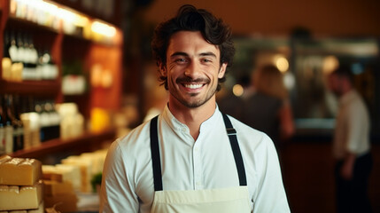 Fototapeta premium A smiling clerk in a cheese shop. Small business, own production