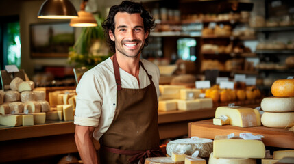 A smiling clerk in a cheese shop. Small business, own production