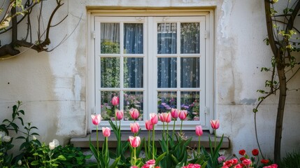 A closed white window. A small cute spring garden with tulips behind it.