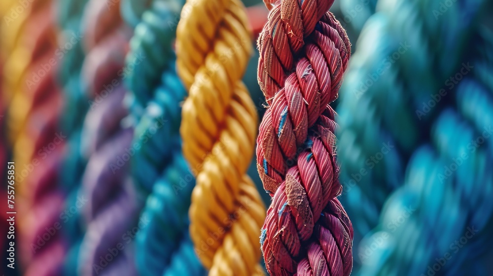 Poster diverse team strength unity and support through connected ropes in a colorful background