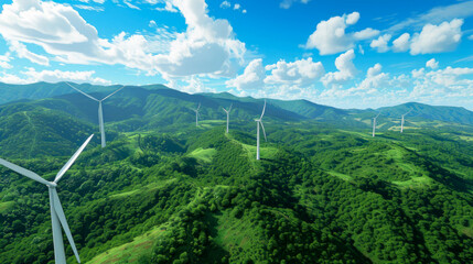 The synergy of nature and renewable energy showcased through wind turbines gracefully turning amidst fields and dense woodland