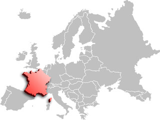 map of FRANCE with the countries of EUROPE 3d isometric